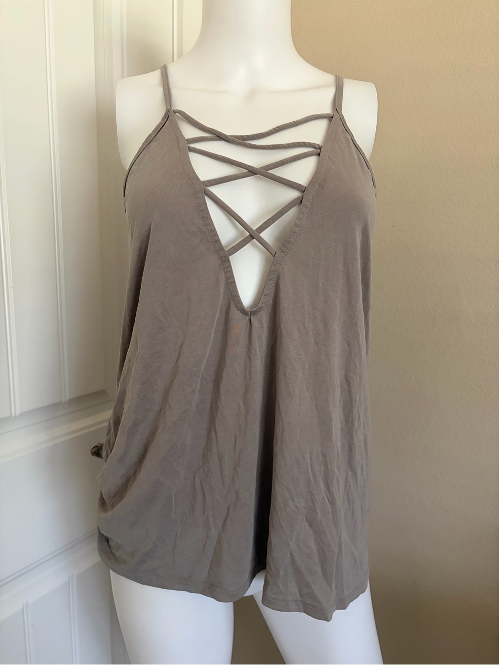 Crisscross Low Cut Grey Brown V-Neck Taupe Women's Tank Top - Size S/M